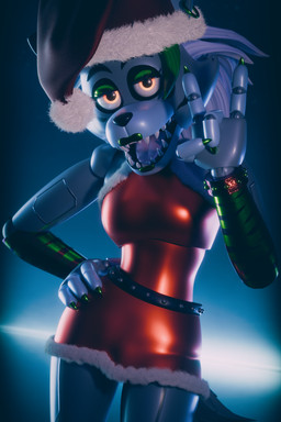 anthro belt christmas_clothing christmas_dress christmas_headwear clothing devil_horns_(gesture) dress female fingers gesture green_lipstick hand_gesture hand_on_hip hat headgear headwear holidays lipstick looking_at_viewer machine makeup on_model santa_hat solo studded_belt studs anonamine christmas five_nights_at_freddy's five_nights_at_freddy's:_security_breach scottgames steel_wool_studios roxanne_wolf animatronic canid canine canis mammal robot robot_anthro wolf 2025 2:3 3d_(artwork) digital_media_(artwork) hi_res