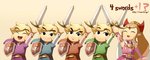 accessory blonde_hair blue_clothing bow_(feature) bow_accessory bow_ribbon clothing dress female green_clothing group hair hair_accessory hair_bow hair_ribbon male melee_weapon not_furry pink_clothing pink_dress purple_clothing red_clothing ribbons shield simple_background sword weapon unknown_artist four_swords nintendo the_legend_of_zelda wind_waker princess_zelda toon_link toon_zelda humanoid hylian