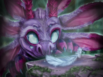 ambiguous_gender antennae_(anatomy) blue_eyes claws detailed_background feathers feral fur multi_ear multi_eye purple_body purple_fur rock smile solo stare toony whattheflup satellite_city quinn_(satellite_city) alien kivouackian 4:3 detailed