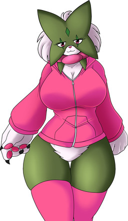 anthro big_breasts breasts claws cleavage clothed clothing female female_anthro fur green_body green_fur huge_breasts jacket legwear looking_at_viewer mask pawpads paws red_eyes simple_background smile smiling_at_viewer solo thick_thighs thigh_highs topwear white_background davidsillo nintendo pokemon felid feline felis generation_9_pokemon mammal meowscarada pokemon_(species) 2026 absurd_res digital_drawing_(artwork) digital_media_(artwork) hi_res
