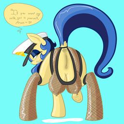 big_breasts blue_hair blush breasts butt clothing female feral genitals green_eyes hair hat headgear headwear multicolored_hair presenting presenting_hindquarters solo tail teats text two_tone_hair vulva carmelpony hasbro my_little_pony fan_character milky_way_(flash_equestria) earth_pony equid equine horse mammal pony 1:1 english_text low_res source_request