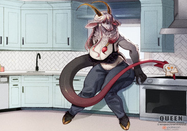 2_horns anthro big_breasts bottomwear bra bread breasts cleavage clothed clothed_anthro clothed_female clothing cloven_hooves denim denim_bottomwear denim_clothing detailed_background eyelashes female fluffy fluffy_chest food fried_egg front_view fur grey_body grey_fur hair highlights_(coloring) hooves horn huge_breasts inside jeans kitchen long_hair long_tail pants red_highlights sitting smile solo spade_tail tail text underwear unguligrade white_hair wide_hips espectro111222 thea_rosenheim bovid caprine caprine_demon demon goat goat_demon ibex mammal artist_name