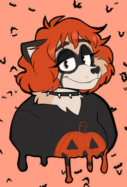 anthro bangs black_clothing black_ears black_eyebrows black_nose black_shirt black_topwear breasts closed_smile clothed clothed_anthro clothed_female clothing collar eyebrow_through_hair eyebrows eyelashes fangs female female_anthro fur hair half-closed_eyes holidays light medium_breasts mouth_closed multicolored_body multicolored_fur narrowed_eyes orange_background orange_hair pattern_background shirt simple_background smile smiling_at_viewer solo spiked_collar spikes tan_body tan_eyes tan_fur tan_inner_ear teeth text topwear translucent translucent_hair whisker_spots ractoons halloween raquel_(ractoons) mammal procyonid raccoon 2022 artist_name bust_portrait colored digital_drawing_(artwork) digital_media_(artwork) english_description hi_res lighting portrait