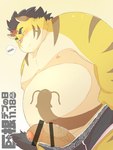 anthro belly big_belly blush clothing erection genitals kemono male moobs nipples overweight overweight_male penis pink_nose simple_background solo text underwear ginsingoo1 big_dick_day tamacolle hitachi_(tamacolle) felid mammal pantherine tiger 2023 hi_res japanese_text