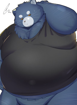 anthro belly big_belly biped black_nose blue_body blue_fur bottomwear clothing fur kemono male overweight overweight_male shirt shorts simple_background solo standing topwear white_background trail_arnak domestic_cat felid feline felis mammal 2026 absurd_res hi_res