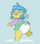 anthro big_eyes blue_background blue_body blue_fur blue_hair chibi clean_diaper clothed clothing diaper female fur green_eyes hair mouthless rear_view shirt simple_background skirtalls solo toddler topwear waddle walking wearing_diaper wetness_indicator yellow_body yellow_fur young young_anthro young_female bubblepuppers canid canine canis domestic_dog mammal hi_res