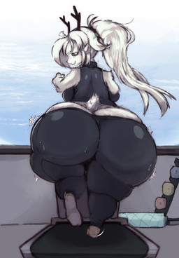 anthro antlers big_breasts big_butt blush bodily_fluids bottomwear breasts butt clothing detailed_background female footwear fur horn huge_butt huge_hips huge_thighs jogging nervous nervous_smile pants shirt shoes short_tail sneakers solo sweat sweatdrop tail tank_top thick_thighs topwear treadmill weights white_body white_fur wide_hips yoga_pants umeroart deer mammal absurd_res hi_res