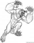 abs animal_genitalia balls claws dewclaw fangs feet fully_sheathed genitals hindpaw jumping male navel nipples pawpads paws roaring sheath simple_background solo teeth toe_claws white_background hkluterman kyoht_luterman mythology osborne_(kyoht) canid canine canis mammal mythological_canine mythological_creature werecanid werecanine werecreature werewolf wolf monochrome sketch