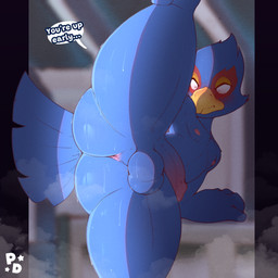 anthro anus balls beak blue_body blue_feathers blush blush_lines bodily_fluids butt caught caught_in_the_act caught_off_guard dial embarrassed embarrassing_nudity feathers femboy flexible genitals male nipples penis perineum solo splits spread_legs spreading steam surprised sweat tail tail_feathers text thick_thighs pony_dreaming nintendo star_fox falco_lombardi avian bird absurd_res hi_res