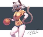 anthro basketball black_ears black_facial_markings black_tail blue_eyes bottomwear breasts clothing female fur grey_body grey_fur grey_hair hair hand_on_hip kemono leg_markings looking_at_viewer markings medium_breasts open_mouth pose shirt shorts socks_(marking) solo standing t-shirt tail text tongue topwear whiskers nogi domestic_cat felid feline felis mammal siamese 2021 japanese_text