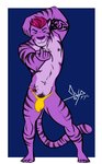 anthro biceps bulge cherry clothing food fruit fur hair looking_at_viewer male muscular muscular_anthro muscular_male navel navel_piercing nipple_piercing nipples piercing plant pose pubes purple_body purple_fur simple_background smile solo sparkles sparkling_hair standing stripes tattoo thong underwear bgn sebastian_(mysterymouse96) felid mammal pantherine tiger 2020 hi_res