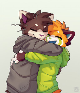 anthro biped blush bottomwear claws clothed clothed_anthro clothed_female clothing duo female fingers fully_clothed fully_clothed_anthro fully_clothed_female fur hair hug simple_background smile teeth tongue topwear jinxit pocky_(jinxit) ailurid domestic_cat felid feline felis mammal red_panda 2026 digital_drawing_(artwork) digital_media_(artwork) hi_res