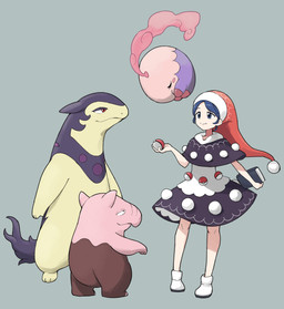 ambiguous_gender anthro biped black_clothing black_dress blue_eyes blue_hair book clothing dress female footwear grey_background group hair hat headgear headwear holding_book holding_object holding_pokeball multicolored_clothing multicolored_dress nightcap pokeball red_clothing red_eyes red_hat red_headwear shoes simple_background smile standing two_tone_clothing two_tone_dress white_clothing white_dress white_footwear white_shoes itatatata6 nintendo pokemon touhou doremy_sweet drowzee generation_1_pokemon generation_5_pokemon generation_8_pokemon hisuian_form hisuian_typhlosion human mammal musharna pokemon_(species) regional_form_(pokemon) shiny_pokemon 2022 absurd_res full-length_portrait hi_res portrait