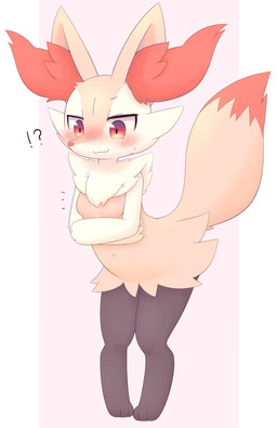 anthro blush cheek_tuft chest_tuft crossed_arms ear_tuft facial_tuft female fluffy fluffy_tail fur inner_ear_fluff interrobang orange_body orange_fur red_eyes solo standing tail tuft yellow_body yellow_fur moduckten nintendo pokemon terner-chan_(moduckten) braixen canid canine generation_6_pokemon mammal pokemon_(species) absurd_res hi_res