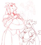 anthro beer_mug big_breasts biped bottle breasts cleavage clothed clothing collar container duo female hair horn huge_breasts pupils scarf simple_background slit_pupils smile white_background iriedono patty_(iriedono) kobold reptile scalie 2021 digital_media_(artwork)