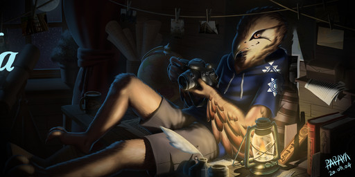 anthro arm_feathers beak blue_clothing blue_topwear book bottomwear brown_body brown_eyes brown_feathers camera clothed clothing dim_lighting feathers glistening glistening_eyes grey_bottomwear grey_clothing grey_pants holding_camera holding_object inside lamp lantern male moon mouth_closed pants plant plant_pot potted_plant reclining scroll solo tan_body tan_feathers topwear window papayafurry avian 2020 3:1 dated hi_res signature