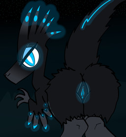 black_body black_feather_hair black_feathers blue_body blue_eyes blue_eyeshadow blue_feather_hair blue_feathers butt cave cavern chibi eyeshadow feathers female feral genitals glowing glowing_body glowing_eyes glowing_feathers glowing_genitalia glowing_vulva grey_body grey_feather_hair grey_feathers makeup presenting presenting_hindquarters presenting_vulva raised_tail rear_view solo tail vulva therealmessyroomguy1 lumina_(therealmessyroomguy1) ambient_arthropod ambient_firefly ambient_insect dinosaur dromaeosaurid feathered_dinosaur feathered_scalie prehistoric_species reptile saurischian scalie theropod digital_drawing_(artwork) digital_media_(artwork) hi_res