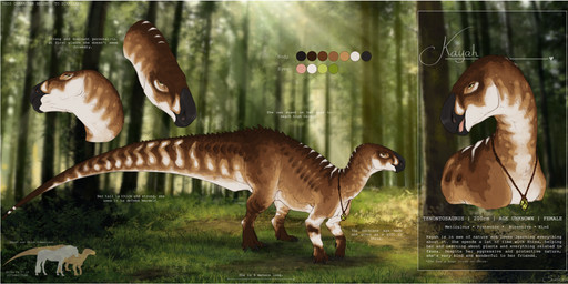 ambiguous_feral ambiguous_gender brown_body color_swatch eyelashes feral grass green_eyes jewelry markings mouth_closed necklace open_mouth outside plant quadruped side_view solo striped_markings striped_neck striped_tail stripes tail tail_markings text tree white_body scarlanya the_isle kayah_(scarlanya) dinosaur iguanodontian ornithischian ornithopod prehistoric_species reptile scalie tenontosaurus absurd_res english_text hi_res huge_filesize model_sheet female_(lore)