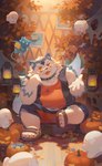 anthro autumn belly big_belly black_nose bottomwear candy clothing dessert detailed_background food footwear group humanoid_hands kemono male overweight overweight_male sandals shirt shoes shorts tongue tongue_out topwear seamonsterping valkia_(nikiciy) canid canine canis ghost mammal spirit vampire wolf 2023 absurd_res hi_res