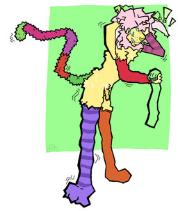 antennae_(anatomy) anthro arm_socks arm_tuft arm_warmers armwear big_ears butt butt_tuft chest_tuft clothing crooked_tail exclamation_point fangs flaccid footwear fuzzy_tail genitals glans green_eyes green_glans green_nose hair heart_nose heart_symbol hip_tuft holding_clothing holding_footwear holding_object holding_socks leg_tuft legwear male messy_hair mismatched_socks monotone_background multicolored_tail pattern_clothing pattern_legwear paws paws_in_socks penis pink_hair pubes shaking sharp_teeth shoulder_tuft simple_background skinny slim snout socks solo squish standing striped_clothing striped_legwear stripes surprised tail teeth thigh_highs thigh_squish trembling tuft yellow_body mopti-cd froople_(totalstinker) felid feline hybrid mammal unknown_species colored hi_res