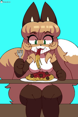 4_fingers :3 anthro bench big_breasts big_ears big_tail biped black_nose blonde_hair breasts brown_body brown_fur cyan_background dipstick_tail eating eating_food eating_spaghetti eye_through_hair eyebrow_through_hair eyebrows eyelashes eyelashes_through_hair fangs featureless_breasts female fingers fluffy fluffy_tail food fur furniture gloves_(marking) green_eyes hair leg_markings long_hair looking_at_viewer markings meatball multicolored_body noodles pasta simple_background sitting slurping small_nose socks_(marking) solo spaghetti table tail tail_markings teeth text thick_thighs tomato_sauce translucent translucent_hair two_tone_body white_body white_fur white_sclera yellow_body yellow_fur conditional_dnp voider_(artist) averi_(fiddleafox) canid canine fox mammal red_fox true_fox 2026 artist_name digital_drawing_(artwork) digital_media_(artwork) hi_res portrait shaded watermark