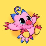 ambiguous_gender blue_markings blush chibi claws feather_tuft feathers happy markings pink_body pink_feathers red_claws simple_background smile solo tail tail_feathers toe_claws tuft yellow_background happycrumble bandai_namco digimon avian biyomon digimon_(species) 1:1 2019