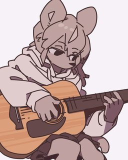 acoustic_guitar anthro bottomwear clothed clothed_anthro clothed_female clothing female female_anthro fur guitar hair hoodie kemono musical_instrument plucked_string_instrument simple_background sitting skirt solo string_instrument tail topwear white_background yagi_the_goat mammal mouse murid murine rodent 2023 digital_media_(artwork) hi_res