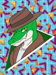 1990s 90s_decade abstract_background anthro brown_clothing brown_hat brown_headwear clothing fedora green_body hat headgear headwear looking_at_viewer male memphis_design shirt solo topwear white_clothing white_shirt white_topwear yellow_eyes philfox cregon alligator alligatorid crocodile crocodilian reptile scalie 3:4 headshot_portrait hi_res portrait