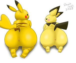 angry anthro anus ass_up black_eyes butt cross-popping_vein duo female genitals glistening heart_tail looking_back lying on_front rear_view simple_background tail vulva white_background yellow_body drain_scat nintendo pokemon generation_1_pokemon generation_2_pokemon pichu pikachu pokemon_(species) 6:5 hi_res