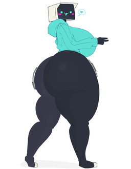 :3 anthro big_breasts big_butt blue_clothing blush blush_stickers bottomless breasts butt clothed clothing curvy_figure electronics feet female for_a_head gesture half_naked hand_gesture heart_symbol hindpaw hoodie hoodie_only huge_breasts huge_butt huge_thighs machine paws screen screen_face simple_face solo sweat_on_ass television thick_thighs topwear topwear_only v_sign wide_hips vivran minbitt_(character) humanoid object_head robot robot_humanoid screen_head tv_head hi_res
