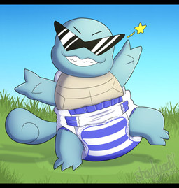 3_fingers 3_toes ambiguous_gender anthro big_diaper blue_body clean_diaper clothed clothing curled_tail detailed_background diaper diaper_fetish diaper_only eyewear feet fingers front_view grass heart_symbol on_one_leg plant sky solo standing striped_diaper sunglasses tail text toes toothy_grin topless wearing_diaper shadyadi nintendo pokemon squirtle_squad generation_1_pokemon pokemon_(species) squirtle 2024 artist_name full-length_portrait hi_res letterbox portrait signature