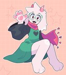 3_toes 4_fingers abstract_background anthro barefoot clothed clothing coat eyewear feet femboy fingers fur glasses heart_pawpads heart_symbol horn male male_anthro pawpads paws pink_horn pink_pawpads plantigrade round_glasses scarf sitting solo toes topwear white_body white_fur lottory deltarune undertale_(series) ralsei bovid caprine darkner goat mammal 2022 hi_res