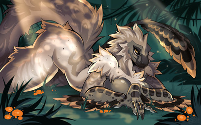 anthro ass_up big_breasts big_tail black_sclera breasts covering covering_breasts feathered_arms feathered_tail feathers female forest fur jungle looking_at_viewer lying lying_on_ground markings non-mammal_breasts on_front on_ground plant solo striped_markings stripes tail tan_body tan_fur tapering_tail thick_thighs tree yellow_eyes saltyserpent dinosaur dromaeosaurid feathered_dinosaur feathered_scalie prehistoric_species reptile saurischian scalie theropod 16:10 absurd_res hi_res widescreen