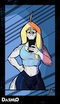 anthro athletic athletic_anthro athletic_female black_border blonde_hair border bottomwear breasts cellphone claws clothing crop_top detailed_background electronics eyelashes female finger_claws freckles front_view grey_body grey_scales hair long_hair long_tail midriff mirror_selfie pants phone scales selfie shirt smartphone smile solo sweatpants tail topwear yellow_eyes dashlostudios cavemanon_studios snoot_game judee dinosaur prehistoric_species reptile scalie 2024 absurd_res artist_name dated digital_drawing_(artwork) digital_media_(artwork) hi_res signature watermark