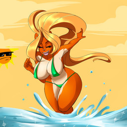 anthro bangs beach big_breasts bikini black_nose blonde_hair breasts clothed clothing cloud curvy_figure eyes_closed eyewear female fur hair huge_breasts long_hair open_mouth orange_body orange_fur outside ponytail seaside skimpy sky smile solo splash sun sunglasses swimwear teeth thick_thighs two-piece_swimsuit voluptuous water wide_hips micki akeno_shiranui bear mammal 1:1 hi_res