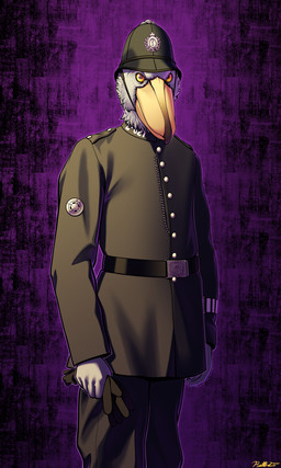 armor belt chain clothed clothing constable fully_clothed gloves handwear headgear helmet holding_clothing holding_gloves holding_handwear holding_object looking_up male police police_uniform purple_background simple_background solo uniform conditional_dnp ratte e621 avian bird pelecaniform shoebill 2025 3:5 absurd_res hi_res signature