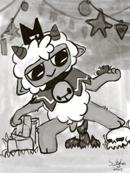 anthro bell bone cloak cloak_only clothing feces fur genitals grass group horn looking_at_another male micro number penis plant pooping simple_eyes skull smile text white_body white_fur wool_(fur) year scottglass cult_of_the_lamb massive_monster_(studio) lamb_(cult_of_the_lamb) bovid caprine mammal sheep 3:4 artist_name hi_res