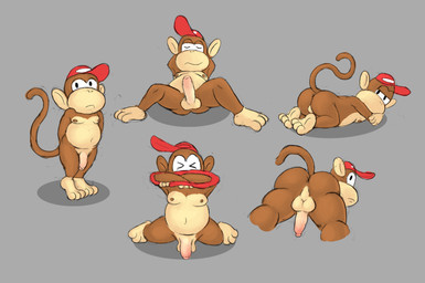 anthro backsack balls big_head butt clothing erection foreskin genitals grey_background hat headgear headwear huge_head humanoid_genitalia humanoid_penis long_foreskin male penis simple_background solo unretracted_foreskin young ikiki donkey_kong_(series) nintendo diddy_kong haplorhine mammal monkey primate 2016 hi_res