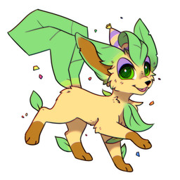 ambiguous_gender black_nose blep brown_body brown_fur butt_tuft cheek_tuft clothing facial_tuft feral fur glistening glistening_eyes green_eyes happy hat headgear headwear leg_markings leg_tuft markings party_hat side_view simple_background smile socks_(marking) solo tongue tongue_out tuft unsigned white_background yellow_body yellow_fur bloominglynx nintendo pokemon eeveelution generation_4_pokemon leafeon pokemon_(species) 1:1 2022 full-length_portrait hi_res portrait