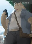 anthro belly big_belly black_nose bottomwear brown_body brown_fur clothing electronics fur humanoid_hands kemono male outside overweight overweight_anthro overweight_male pants phone shirt solo tongue tongue_out topwear kisukemk777 canid canine canis domestic_dog mammal 2016 hi_res