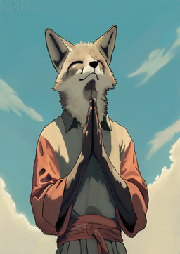 anthro big_ears blue_sky clothing cloud cloudy_sky eyes_closed fur grey_body grey_fur male orange_clothing outside oversized_clothing praying_hands sky solo foxstep_(artist) canid canine fox grey_fox mammal urocyon absurd_res hi_res huge_filesize