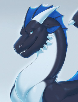 2_horns black_body blue_eyes blue_inner_ear fangs feral horn looking_at_viewer male simple_background smile snout solo teeth white_body orca24a mythology dragon mythological_creature mythological_scalie scalie colored digital_drawing_(artwork) digital_media_(artwork) hi_res shaded