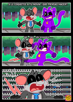 angry anthro black_body cross-popping_vein duo kicking_balls male pain purple_body tail text rocketlennon mob_entertainment nightmare_critters poppy_playtime smiling_critters catnap_(poppy_playtime) touille_(poppy_playtime) domestic_cat felid feline felis mammal murid murine rat rodent absurd_res comic hi_res spanish_text