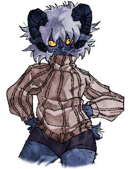 ambiguous_gender anthro black_horn blue_body clothing hair horn solo sweater topwear white_hair yellow_sclera kakuyamii arthur_(kakuyamii) bovid caprine goat mammal nonbinary_(lore)