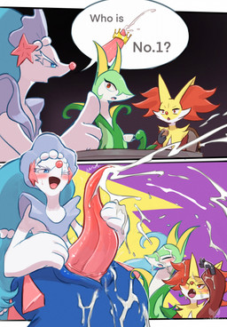 ambiguous_gender anthro biped blush bodily_fluids comparing comparing_penis competition cum erection fingers fur genital_fluids genitals group male nude nude_ambiguous nude_anthro penis simple_background sitting smile teeth text tongue trio tenebscuro nintendo pokemon delphox generation_5_pokemon generation_6_pokemon generation_7_pokemon pokemon_(species) primarina serperior 2026 comic digital_drawing_(artwork) digital_media_(artwork) english_text hi_res