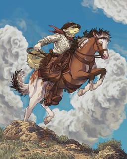 ambiguous_gender anthro belt boots bucking chaps clothing cloud cowboy cowboy_boots cowboy_hat cowboy_outfit detailed_background duo feral footwear fur hat headgear headwear kerchief lasso leather leather_chaps male shirt shoes sky skyscape spurs stirrups tan_body tan_fur topwear white_clothing white_shirt white_topwear agentmoose dakota_asbury canid canine canis coyote equid equine horse mammal pinto_horse absurd_res digital_media_(artwork) full-length_portrait hi_res portrait