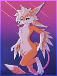 3_fingers 3_toes 4_ears abstract_background ambiguous_anthro ambiguous_gender anthro arm_tuft arms_bent bent_leg biped black_sclera blue_border blue_eyes border claws crotch_tuft cute_fangs digitigrade dipstick_tail eyebrows eyelashes facial_tuft fangs feather_tuft feathers featureless_chest featureless_crotch feet fingers hair inner_ear_fluff looking_at_viewer markings multi_ear multicolored_body multicolored_feathers multicolored_hair multicolored_wings narrowed_eyes noseless nude_ambiguous nude_anthro on_one_leg open_mouth open_smile orange_body orange_feathers orange_tail sharp_teeth short_snout smile smiling_at_viewer snout solo standing tail tail_markings teeth three-quarter_view toes tuft two_tone_hair white_body white_feathers white_hair white_tail white_tail_tip wide_hips winged_arms wings draggyavali avali avian 2025 digital_media_(artwork) full-length_portrait hi_res portrait shaded