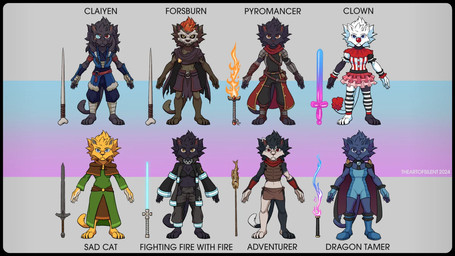 a-pose alternate_costume anthro armor balloon balloon_sword barefoot black_body black_fur blind_eye blue_body blue_fur bone bone_mask bra braided_hair breasts clothed clothing clown clown_nose cosplay crossover_cosplay eyewear feet female fire footwear fur gym_leader hair inflatable jacket looking_at_viewer markings mask melee_weapon navel open_clothing open_jacket open_topwear red_eyes robe simple_background solo spots spotted_body spotted_fur sword t-pose tail text topwear torn_clothing underwear weapon white_body white_fur theartofsilent delicious_in_dungeon fire_force microsoft nintendo pokemon prequel_adventure rivals_of_aether the_elder_scrolls clair_(pokemon) clairen_(rivals_of_aether) claiyen_(tales_of_aether) forsburn izutsumi_(delicious_in_dungeon) katia_managan tamaki_kotatsu aquatic felid feline fish leopard mammal pantherine 2024 crossover digital_media_(artwork) english_text hi_res model_sheet signature