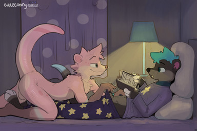 animal_genitalia anthro anthro_on_anthro balls bed blue_eyes blue_hair book bottomwear bottomwear_down brown_body butt clothed clothed_male clothing duo furniture genitals hair inside lamp looking_at_another lying male male/male male_anthro nude on_back on_bed pajamas pants partially_clothed penis penis_tip pillow pink_body raised_tail reading sheath shirt smile star tail topwear two_tone_tail undressing_another conditional_dnp cuteconfy skye_(skyeott) mammal mustelid otter absurd_res hi_res