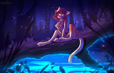 4_toes anthro barefoot brown_body brown_fur brown_hair claws clothing detailed_background digitigrade dress feet female forest fur glowing glowing_eyes grass hair log looking_aside night pawpads paws pink_pawpads plant short_hair sitting solo spread_toes toes tree water wood yellow_eyes sharkrags olli_(sharkrags) domestic_cat felid feline felis mammal 2021 hi_res